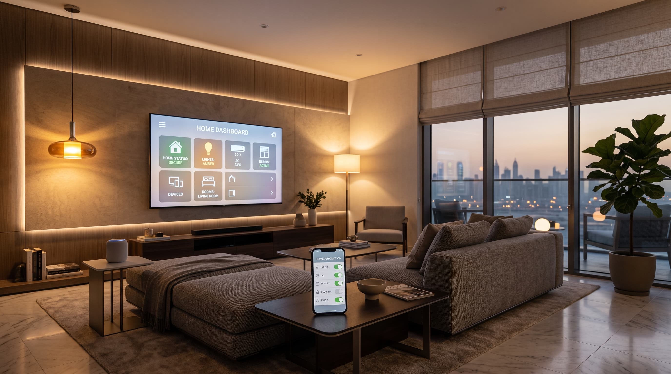 A living room with smart lighting and a connected smart TV